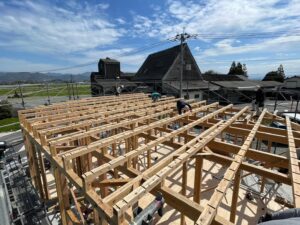 塗り壁と木が映える六角形の家　建て方